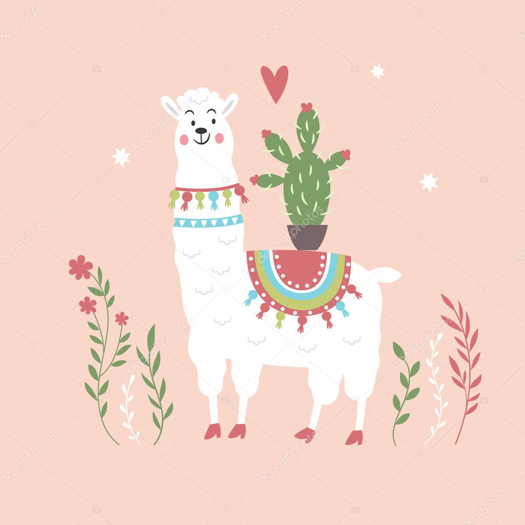 white llama with cactus on pink background