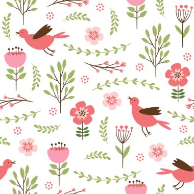 Çizgi film kuşlar ve bitkiler üzerinde beyaz arka plan ile Seamless modeli