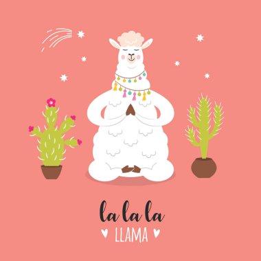 Çizgi film beyaz Lama kaktüsler üzerinde kırmızı arka plan ile 