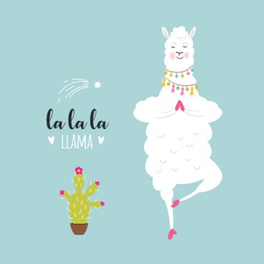 Çizgi film beyaz Lama ile mavi arka plan üzerinde kaktüs 