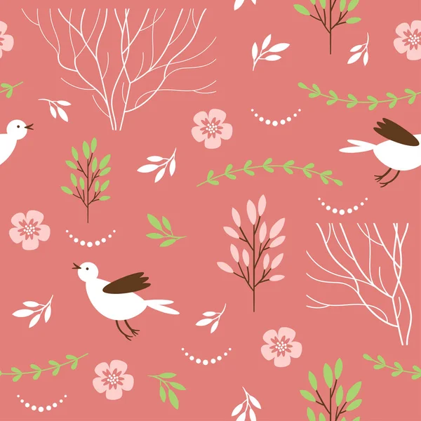 漫画の鳥 赤の背景に植物のシームレス パターン — ストックベクタ