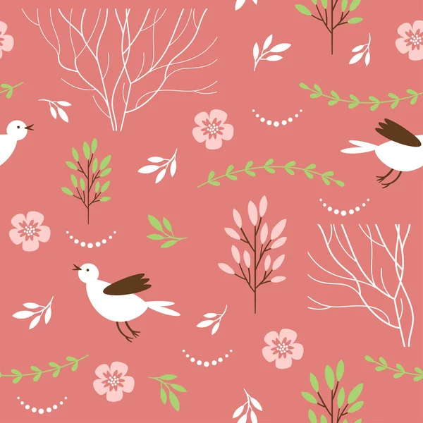 Modèle Sans Couture Avec Des Oiseaux Bande Dessinée Des Plantes — Image vectorielle