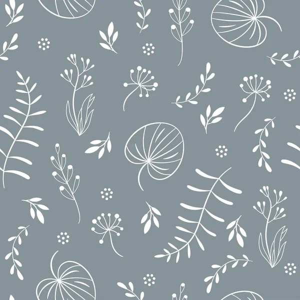 Seamless Pattern Twigs Leaves Grey Background — Stock Vector