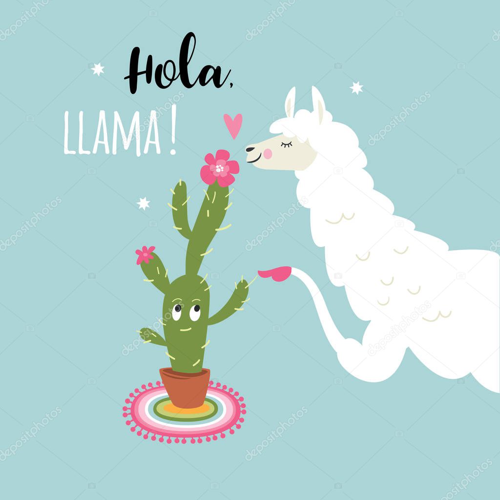 Cartoon white llama with cactus on blue background 