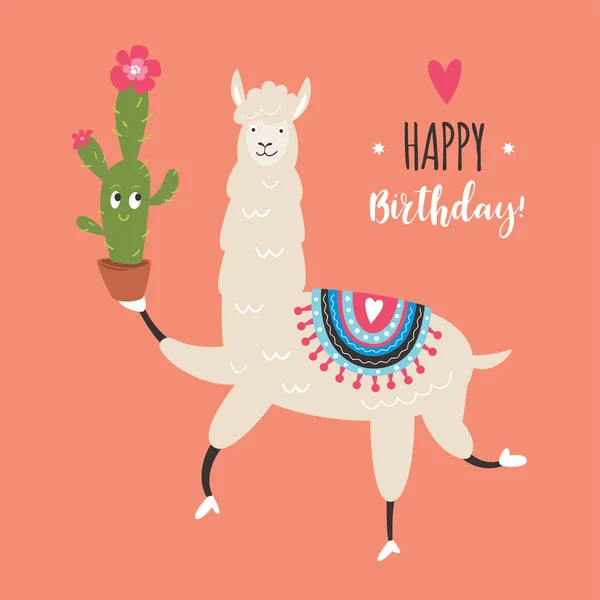 Llama Con Cactus Ilustración Vectorial Sobre Fondo Rosa — Vector de stock