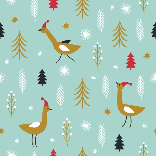 Wzór Wesołych Świąt Boże Narodzenie Tło Cute Ptaków Czerwone Kapelusze — Wektor stockowy