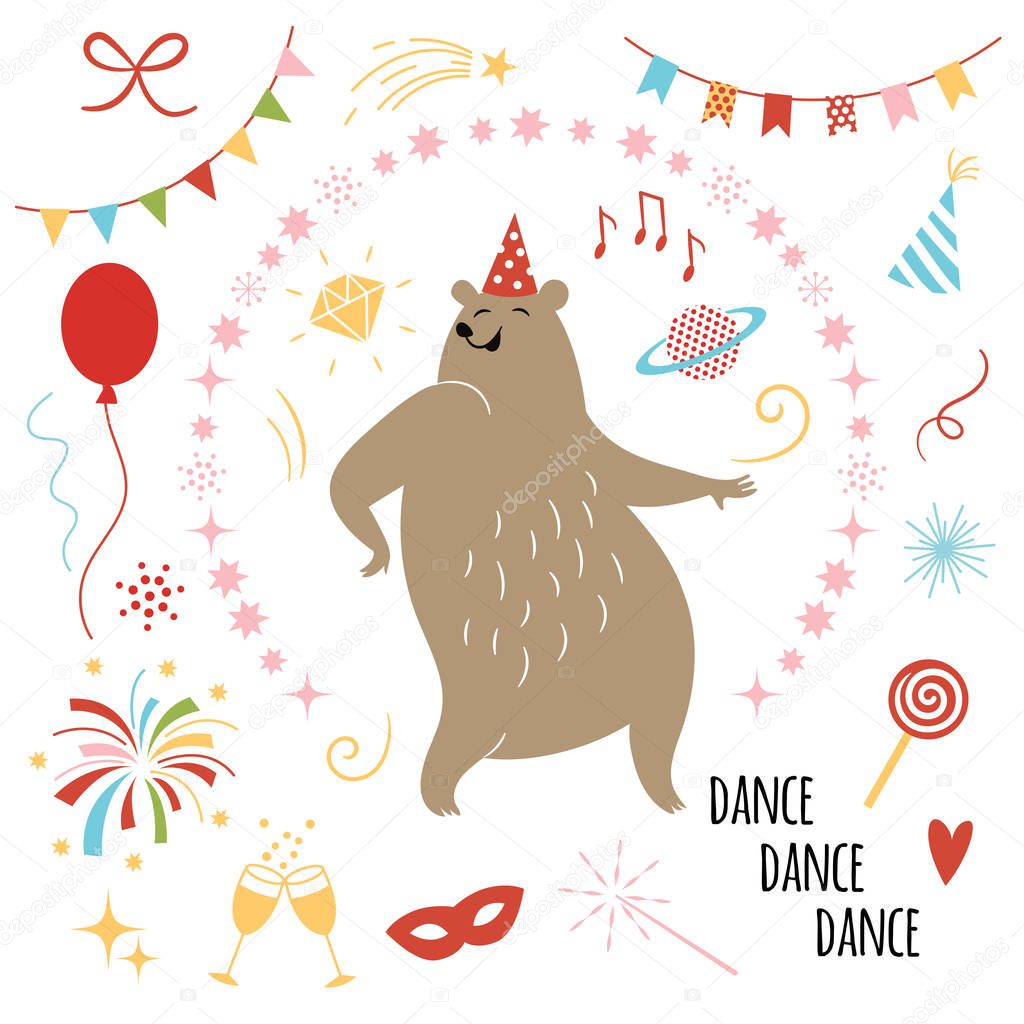 party illustration vector, funny dancer bear