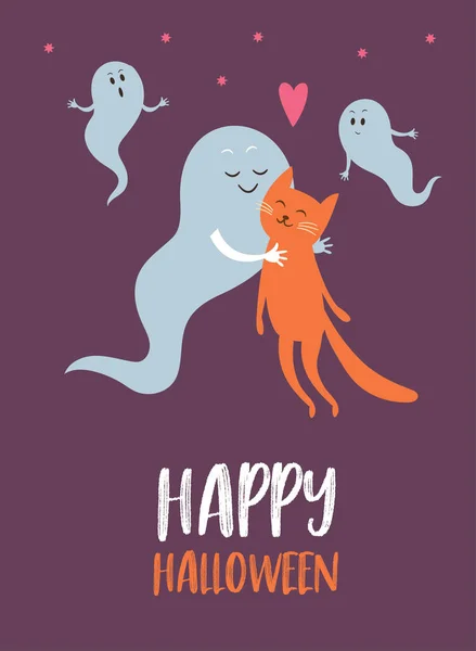 Roztomilá Drobná Ducha Kočka Vektorové Ilustrace Pro Halloween Karty Pozvánky — Stockový vektor
