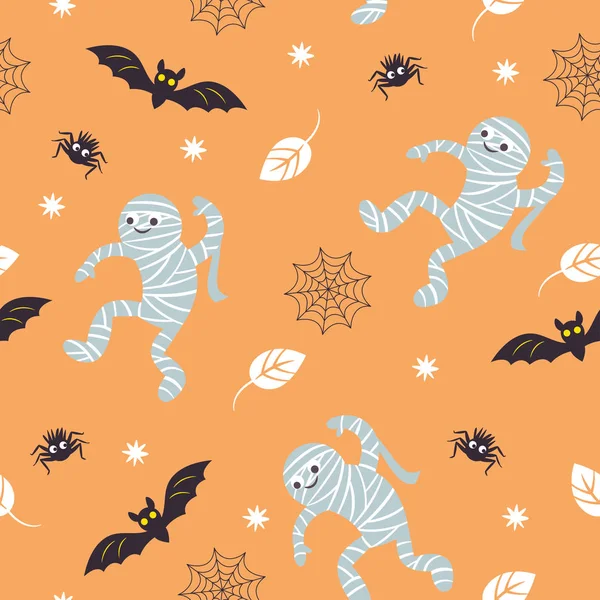 Patrón Halloween Sin Costuras Con Divertidas Momias Murciélagos Con Arañas — Vector de stock