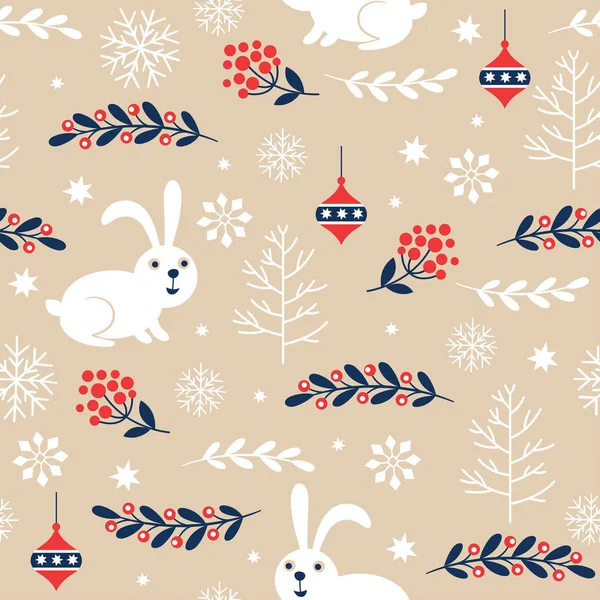 白うさぎと雪の結晶のクリスマス ツリーのシームレス パターン — ストックベクタ