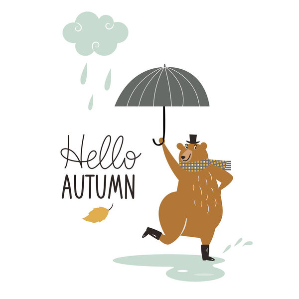 card with cute bear holding umbrella in rain and text Hello Autumn 