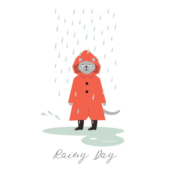 Şirin Kedi Yağmur Metin Yağmurlu Bir Gün Merhaba Sonbahar Konsepti — Stok Vektör