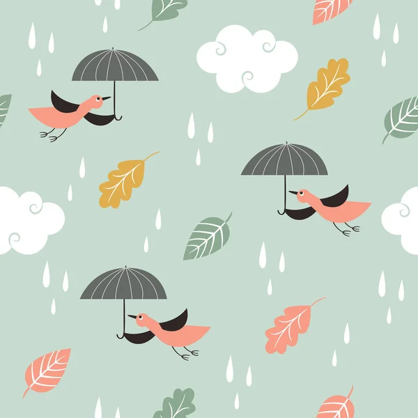 Naadloze Patroon Met Herfstbladeren Vogels Met Paraplu Vliegen Groene Achtergrond — Stockvector