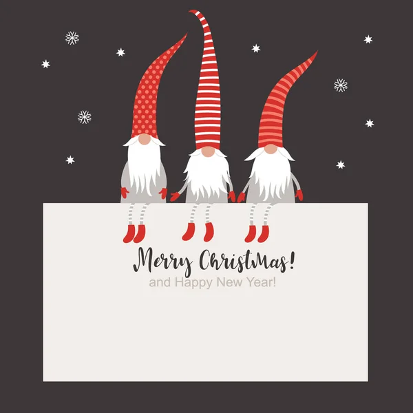 Christmas Card Cute Gnomes Red Striped Hats — Stock Vector