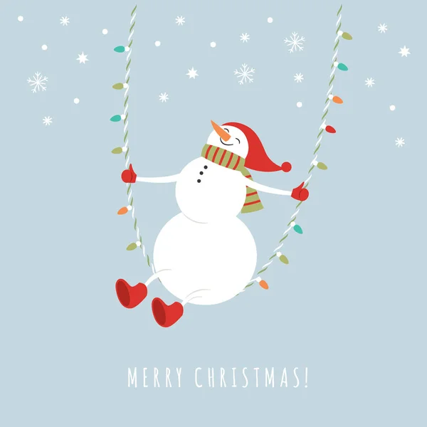 可爱的雪人在红色帽子在绳索摇摆在冬天 圣诞节和新年节日问候卡片 — 图库矢量图片
