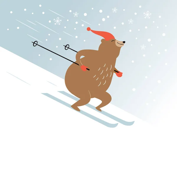 Merry Christmas Greeting Card Cute Bear Skiing Slope — Stock Vector