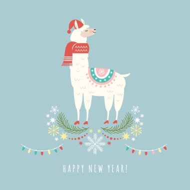 Lama kırmızı atkı ve şapka, vector illüstrasyon, neşeli Noel ve yeni yıl tebrik kartı