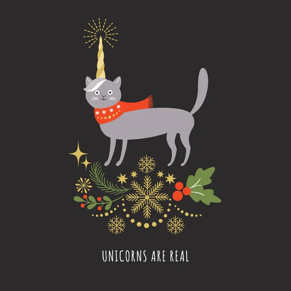 Gatto Con Corno Unicorno Illustrazione Vettoriale Biglietto Auguri Disegno Carte — Vettoriale Stock