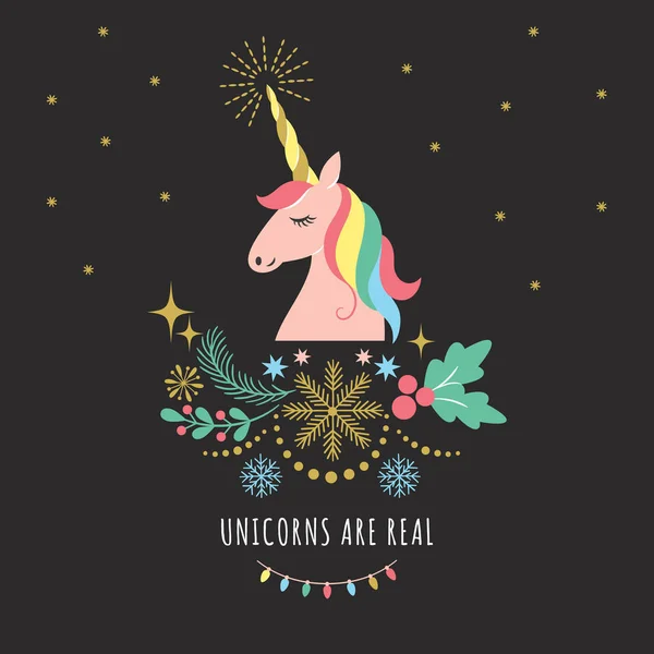 Merry Christmas New Year Greeting Card Unicorn Vector Illustration Black — Stock Vector