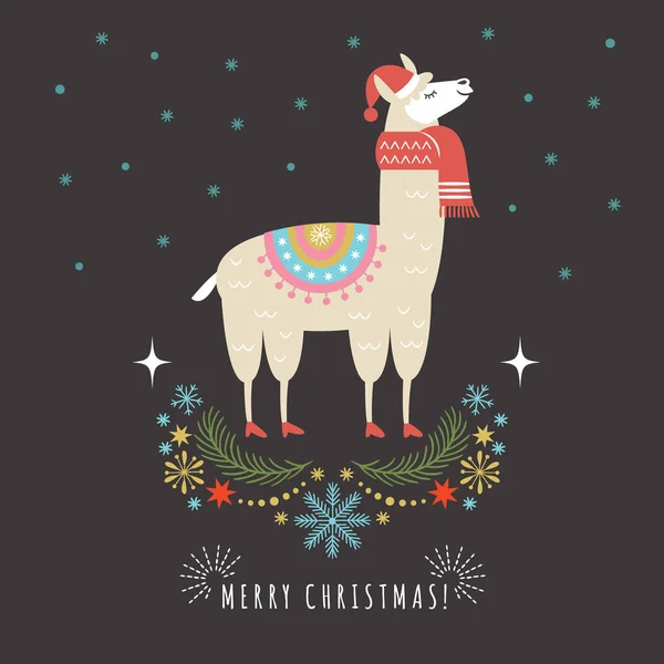 Lama Rode Sjaal Muts Vector Illustratie Vrolijke Kerstmis Nieuwjaar Wenskaart — Stockvector