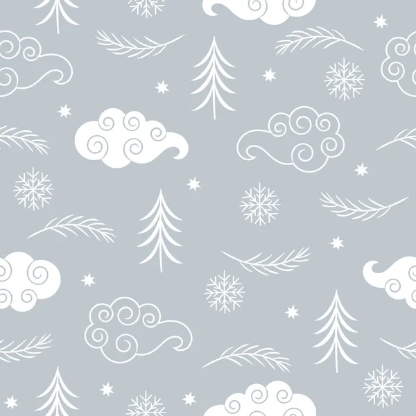 Bezproblémové Vánoční Novoroční Vzor Jedna Barva Mraky Stromy Sněhové Vločky — Stockový vektor