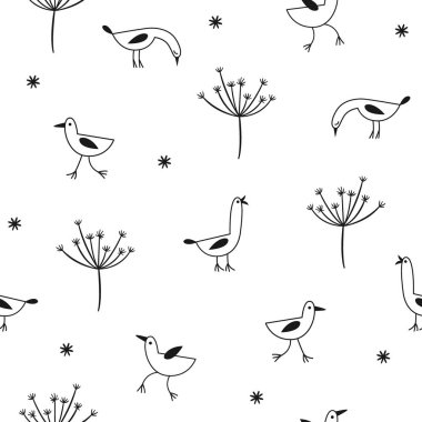 bir arka plan üzerinde elle çizilmiş kuşlar ile sorunsuz karalamalar kalıbı