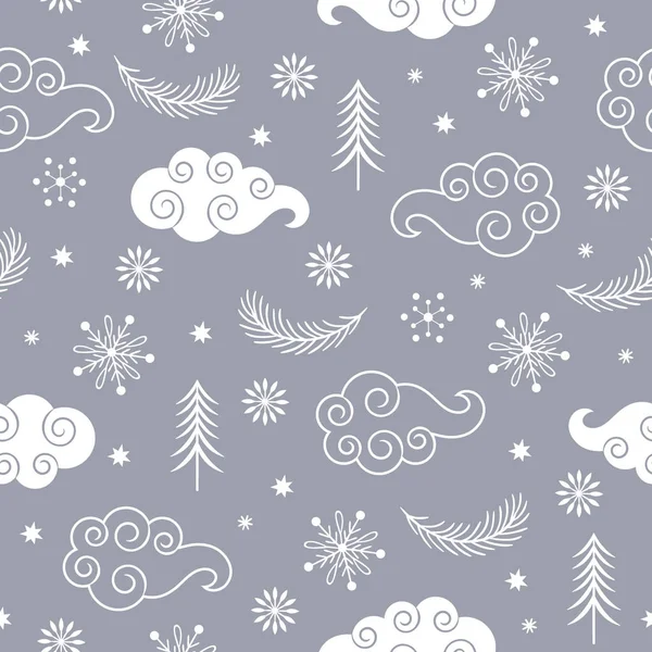 Bezproblémové Vánoční Novoroční Vzor Jedna Barva Mraky Stromy Sněhové Vločky — Stockový vektor