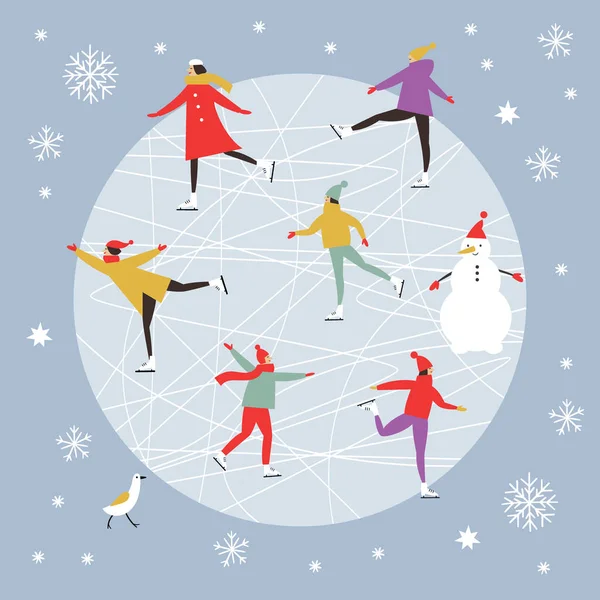 Векторний Малюнок Людей Катання Ковзанах Дизайн Картки Різдвом Або Щасливого — стоковий вектор