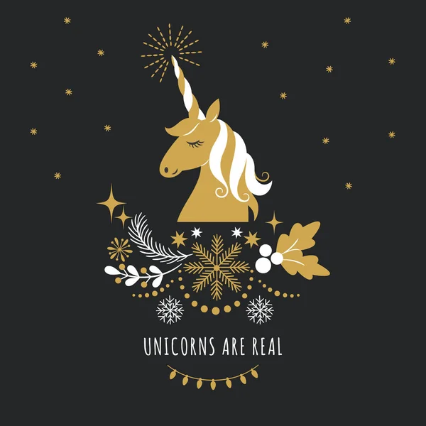 Merry Christmas New Year Greeting Card Unicorn Vector Illustration Black — Stock Vector