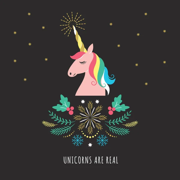 Merry Christmas New Year Greeting Card Unicorn Vector Illustration Black — Stock Vector