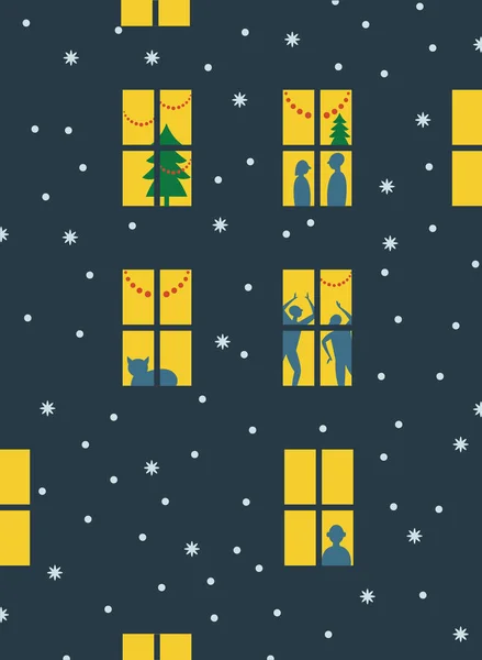 Licht Den Fenstern Des Hauses Schnee Fällt Wärmste Wünsche — Stockvektor