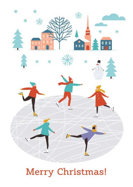 Illustrazione Piatta Vettoriale Persone Che Pattinano Scena Invernale Buon Natale — Vettoriale Stock