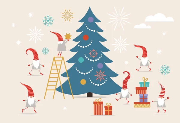 Funny small cute Christmas Gnomes in red hats decorating Christmas Tree — Stock Illustration Funny Small Cute Christmas Gnomes Red Hats Decorating Christmas Tree Royalty Free Stock Vectors