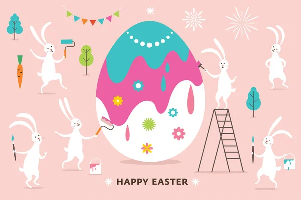 Easter Scene Cute Bunnies Paint Big Easter Egg — Stock Vector