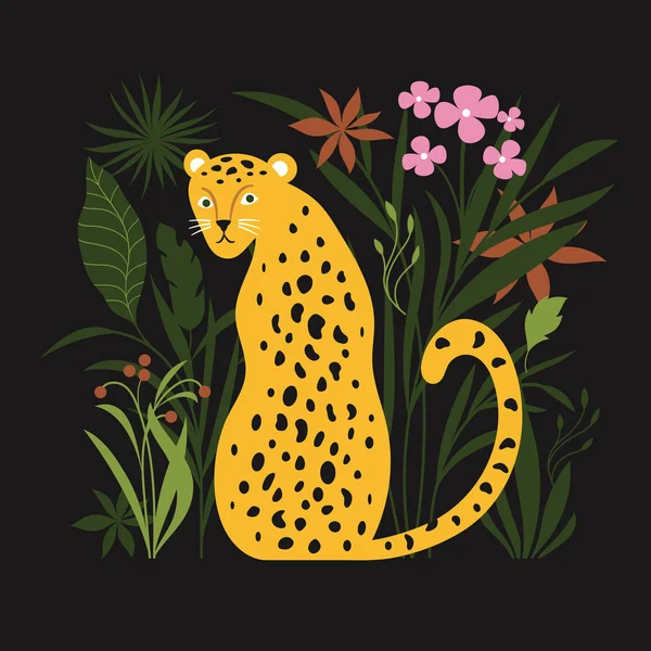 Selva Leopardo Con Hojas Flores Ilustración Vectorial — Vector de stock