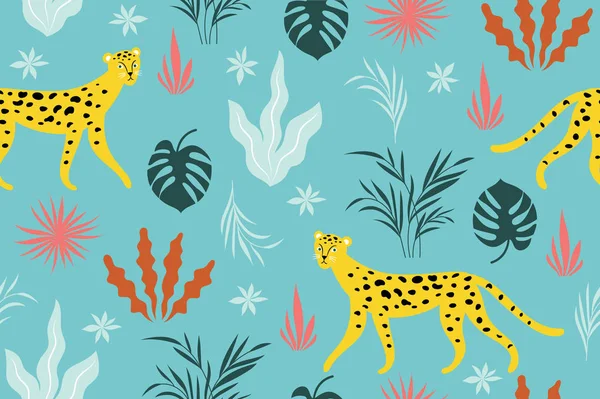 Patrón Sin Costuras Con Leopardos Hojas Sobre Fondo Azul — Archivo Imágenes Vectoriales