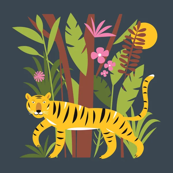Tigre Selva Entre Hojas Palma Ilustración Vectorial — Vector de stock