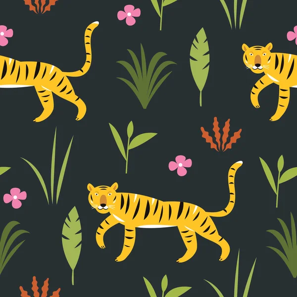 Tigers Palm Leaves Seamless Pattern Vector Illustration — Stock Vector