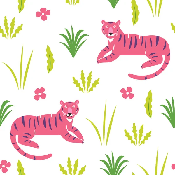 Tigres Rosados Entre Hojas Palma Patrón Sin Costuras Ilustración Vectorial — Vector de stock