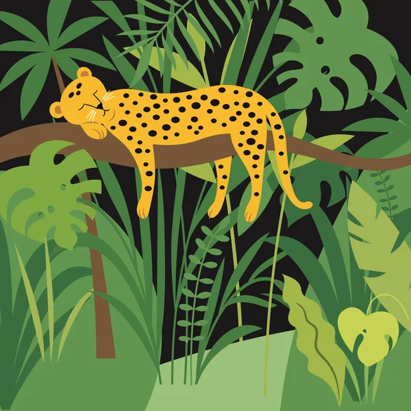 Leopardo Rama Palma Sobre Fondo Negro — Vector de stock