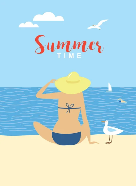 Žena Relaxace Baví Letní Pláži — Stockový vektor
