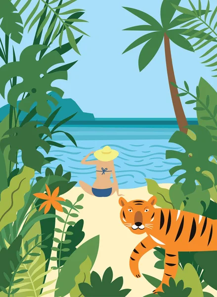 Tigre Arrastrándose Selva Mientras Mujer Sentada Playa — Vector de stock