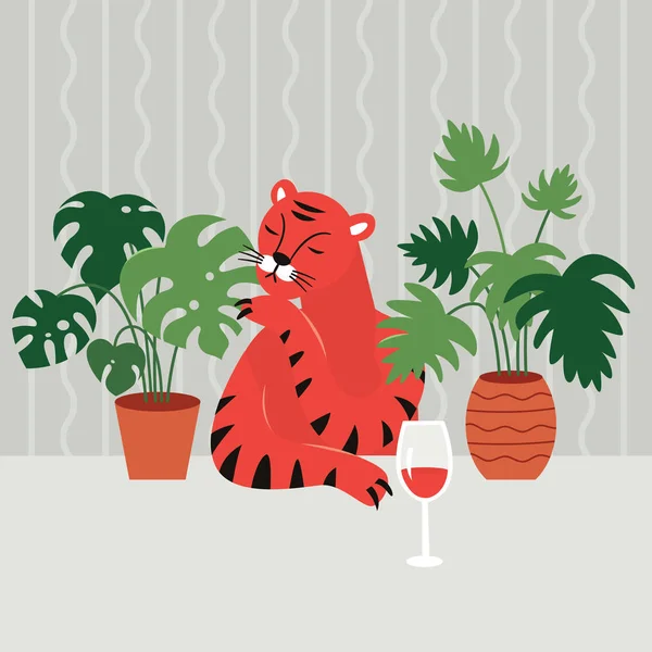 Tiger Sitting Table Wine Glass Plants — Stock Vector