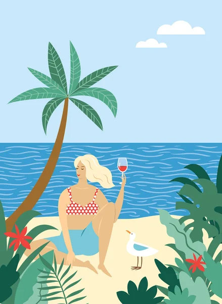 Mujer Relajante Divertirse Playa Verano — Archivo Imágenes Vectoriales