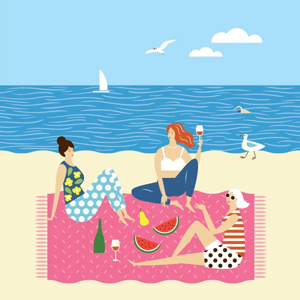 Vector Ilustración Las Mujeres Que Tienen Picnic Playa Vacaciones Verano — Archivo Imágenes Vectoriales