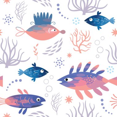 Beyaz arka planda izole karikatür renkli balık ile dikişsiz desen 