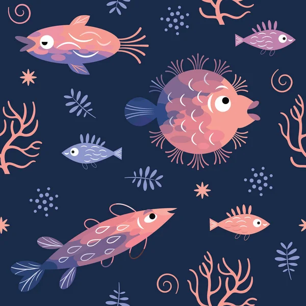 Ομαλή Μοτίβο Κινούμενα Σχέδια Πολύχρωμα Ψάρια Μαύρο Φόντο — Διανυσματικό Αρχείο
