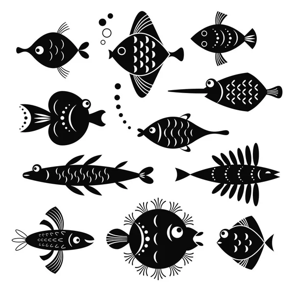 Coleção Criativa Desenhos Animados Peixes Marinhos Pretos Isolados Fundo Branco — Vetor de Stock