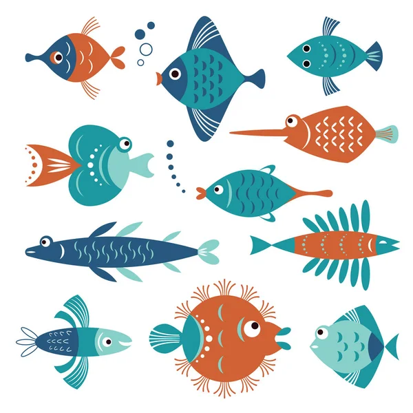 Σετ Δημιουργικών Καρτούν Πολύχρωμα Ψάρια Απομονωμένα Λευκό Φόντο — Διανυσματικό Αρχείο
