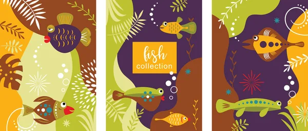 Collection Creative Cartoon Seamless Pattern Ocean Fish — Stock Vector
